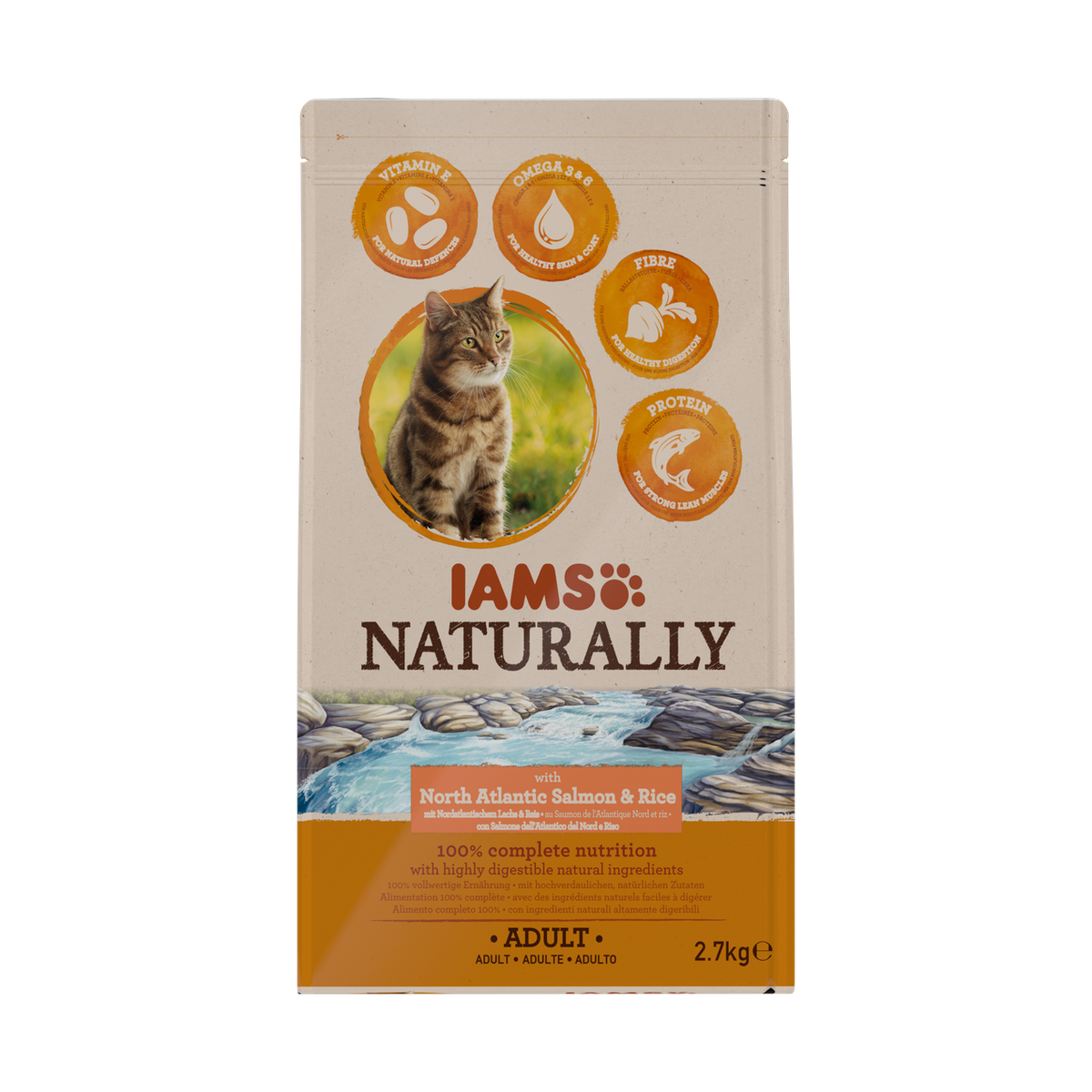 IAMS Naturally droogvoer met Noord-Atlantische zalm en rijst voor volwassen katten 2,7 kg