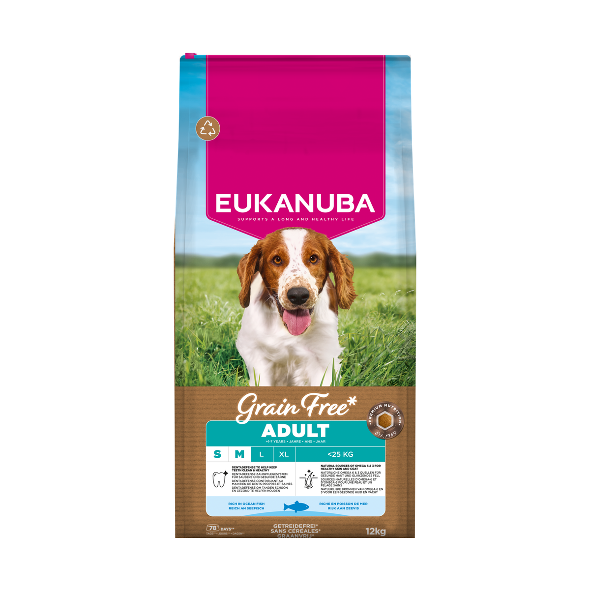 EUKANUBA droog hondenvoer voor volwassen honden van kleine en middelgrote rassen, graanvrij, rijk aan oceaanvis 12 kg