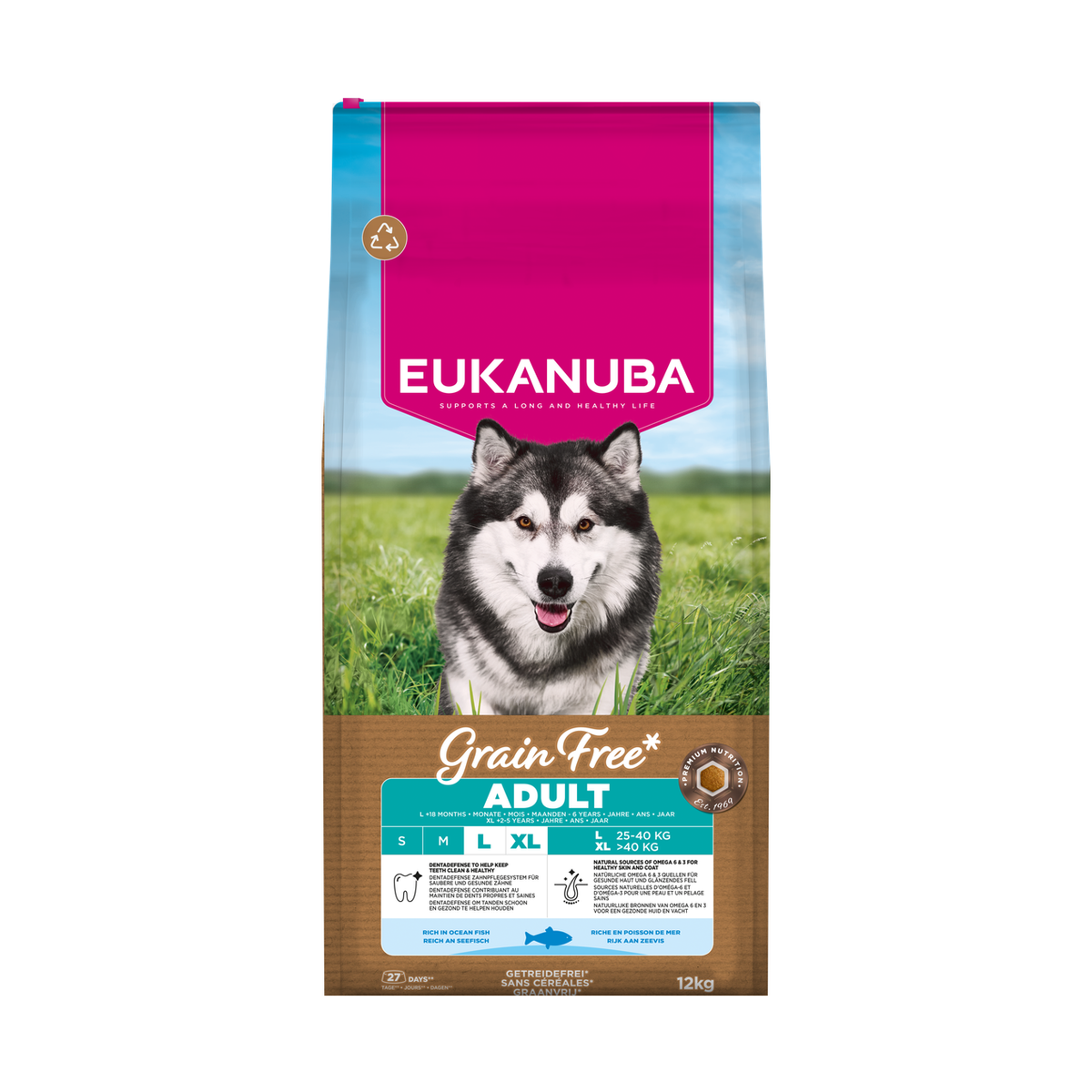 EUKANUBA droog hondenvoer voor volwassen honden van grote rassen, graanvrij, rijk aan oceaanvis 12 kg