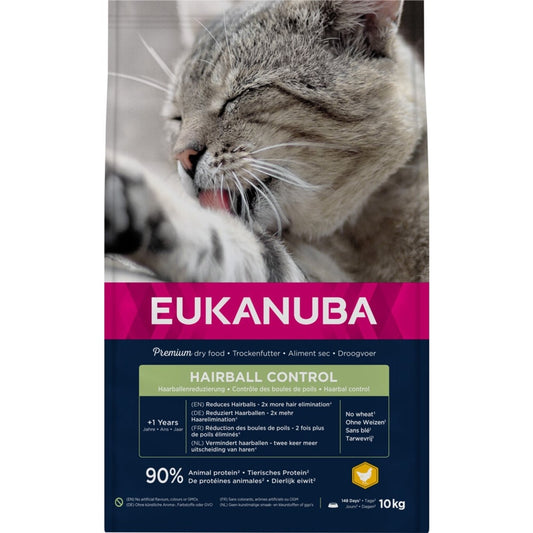 EUKANUBA droogvoer voor volwassen katten, haarbalcontrole kip