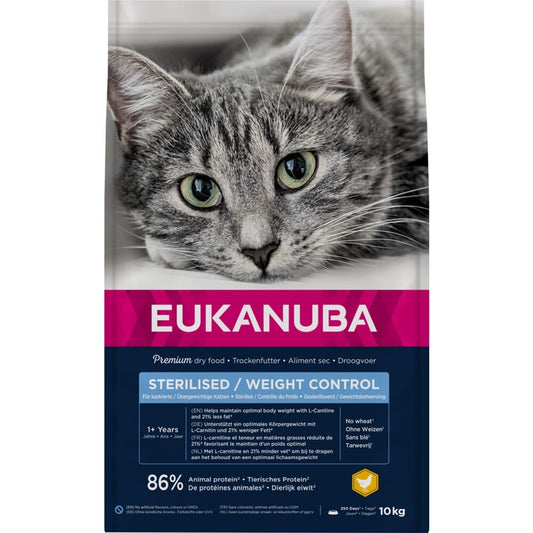 EUKANUBA droogvoer voor volwassen katten, gesteriliseerd/gewicht controle, kip