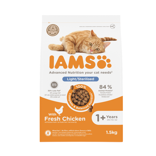 IAMS Advanced Nutrition Light/Sterilised 1+ Years droogvoer met verse kip voor katten 1,5 kg