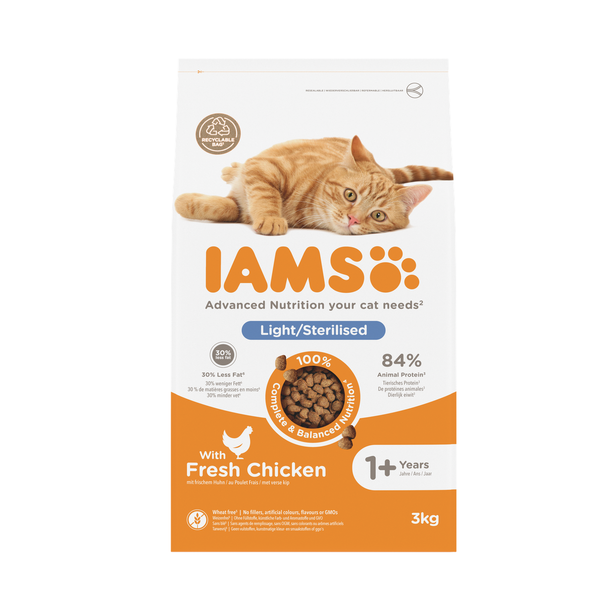 IAMS Advanced Nutrition Light/Sterilised 1+ Years droogvoer met verse kip voor katten 3 kg