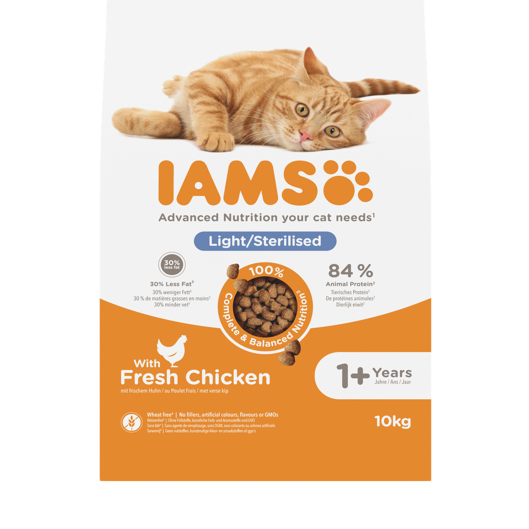 IAMS Advanced Nutrition Light/Sterilised 1+ Years droogvoer met verse kip voor katten 10 kg