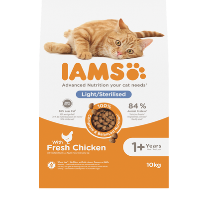 IAMS Advanced Nutrition Light/Sterilised 1+ Years droogvoer met verse kip voor katten 10 kg