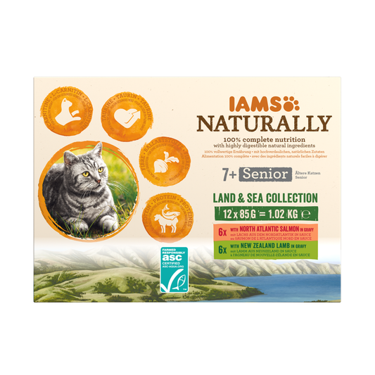 IAMS Naturally Senior Land & Sea Collection natvoer voor katten 12 x 85 g