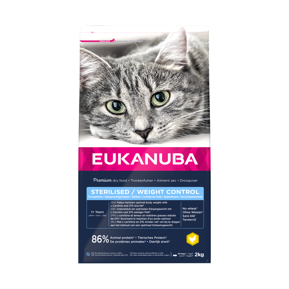 EUKANUBA droogvoer voor volwassen katten, gesteriliseerd/gewicht controle, kip 2 kg
