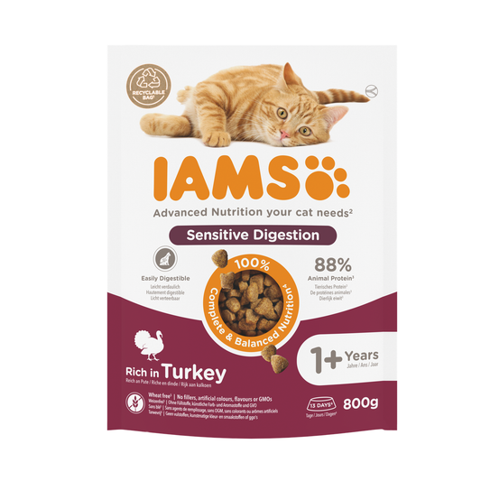 IAMS Advanced Nutrition Sensitive Digestion droogvoer met kalkoen voor volwassen katten 800 g