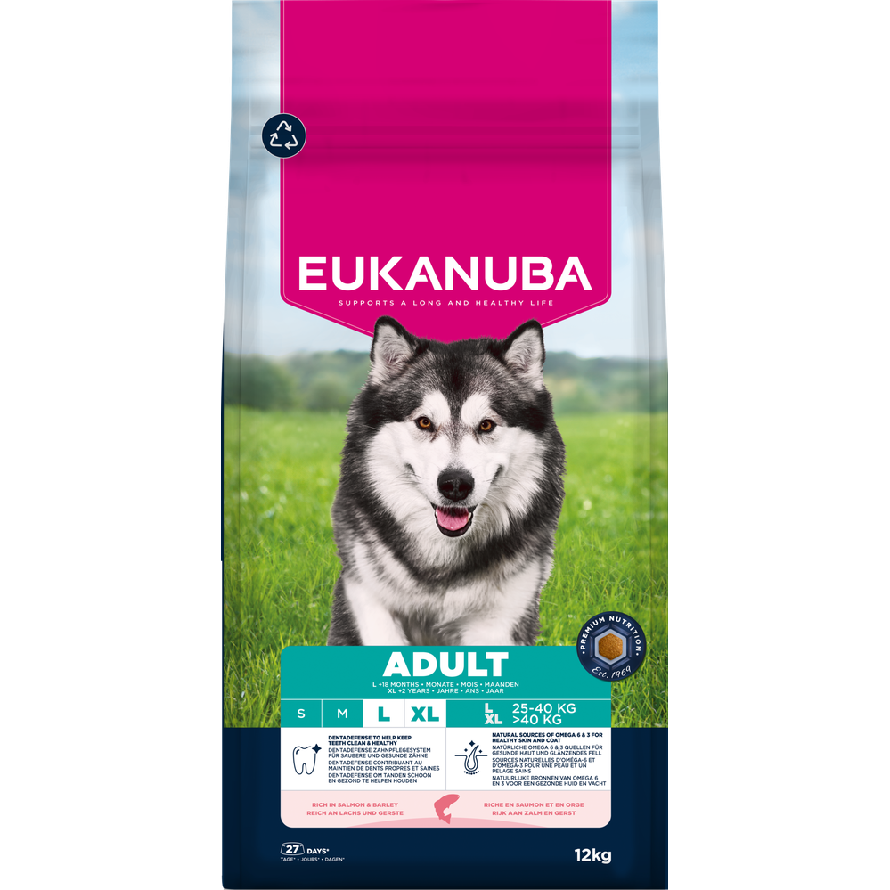 EUKANUBA droog hondenvoer voor volwassen honden van grote rassen, rijk aan zalm en gerst 12 kg