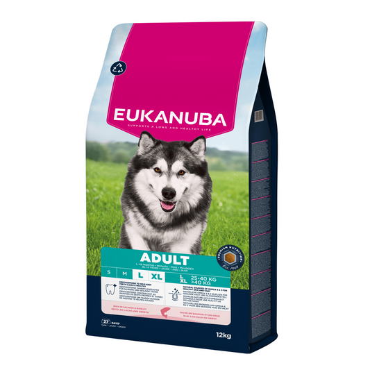 EUKANUBA droog hondenvoer voor volwassen honden van grote rassen, rijk aan zalm en gerst 12 kg