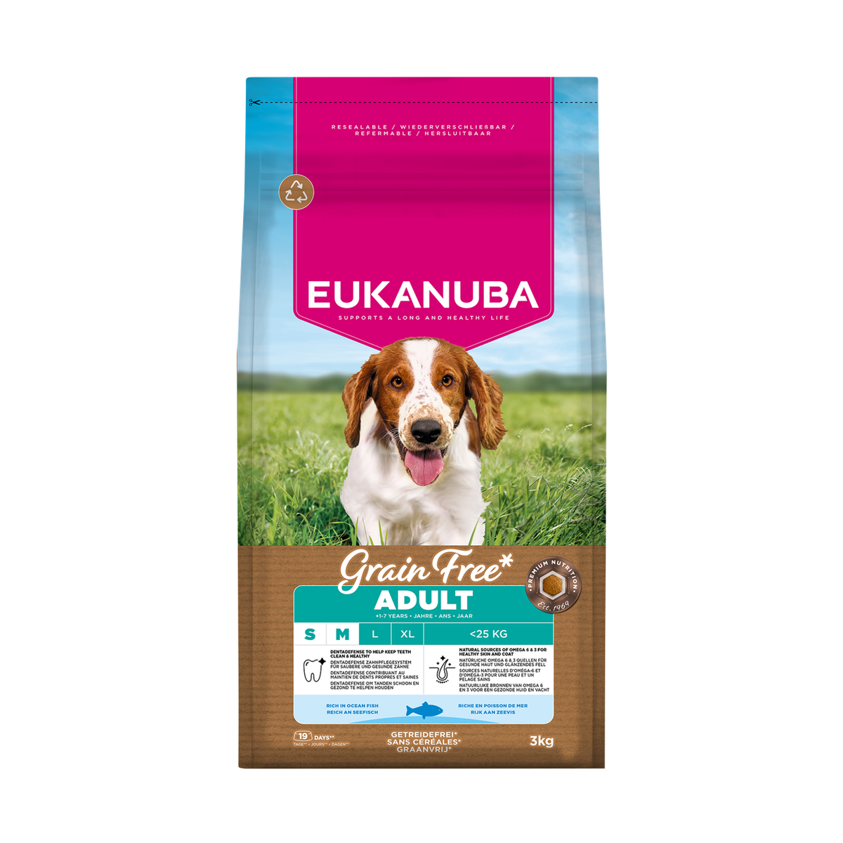 EUKANUBA droog hondenvoer voor volwassen honden van kleine en middelgrote rassen, graanvrij, rijk aan oceaanvis 3 kg